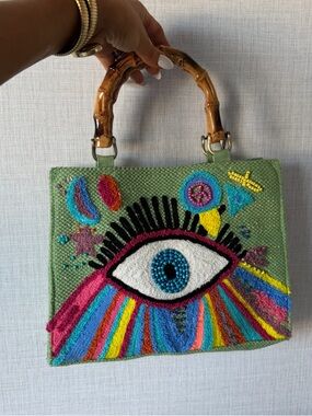 Hand-Embroidered Green Eye Satchel with Bamboo Handles